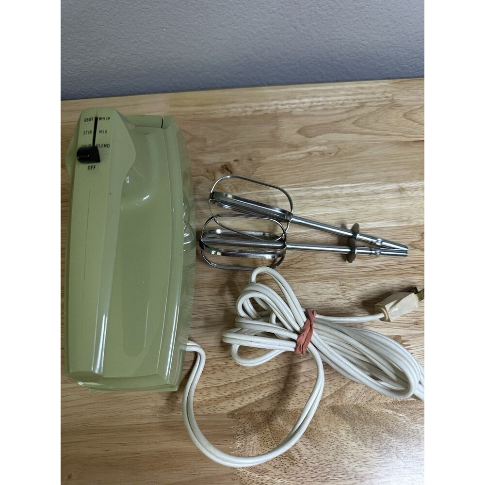Vintage Sunbeam Mixmaster 5 speed hand mixer avocado green with beaters and cord
